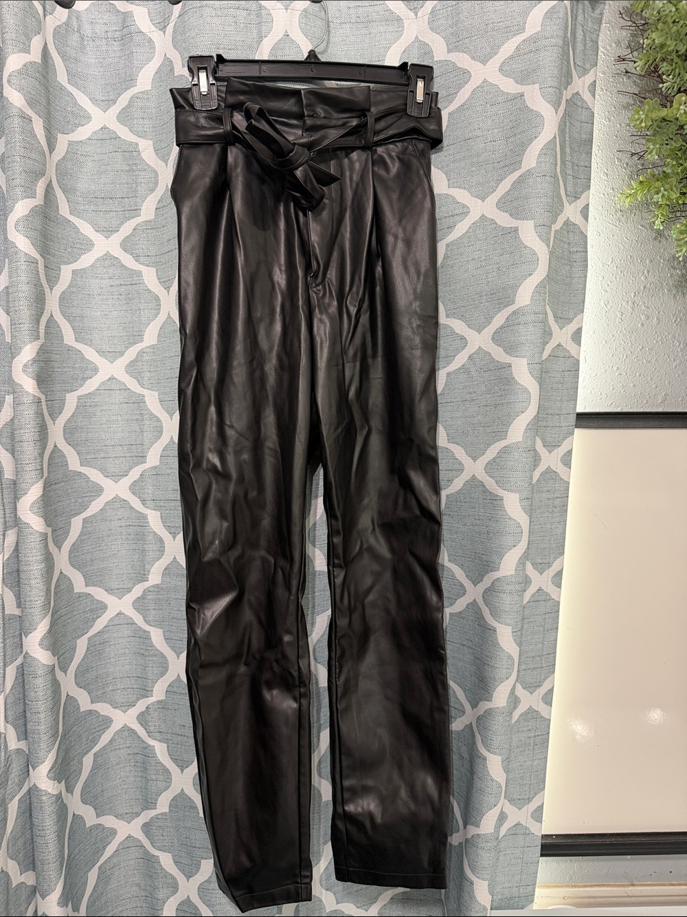 Steve Madden Black Faux Leather Paperbag Straight-Leg Pants